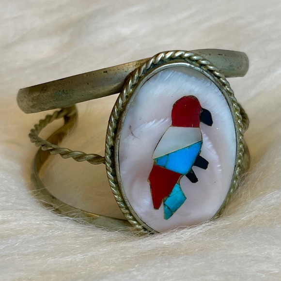Zuni Turquoise and Coral Inlaid Stone Sterling Silver Bird Cuff Bracelet - Picture 12 of 16